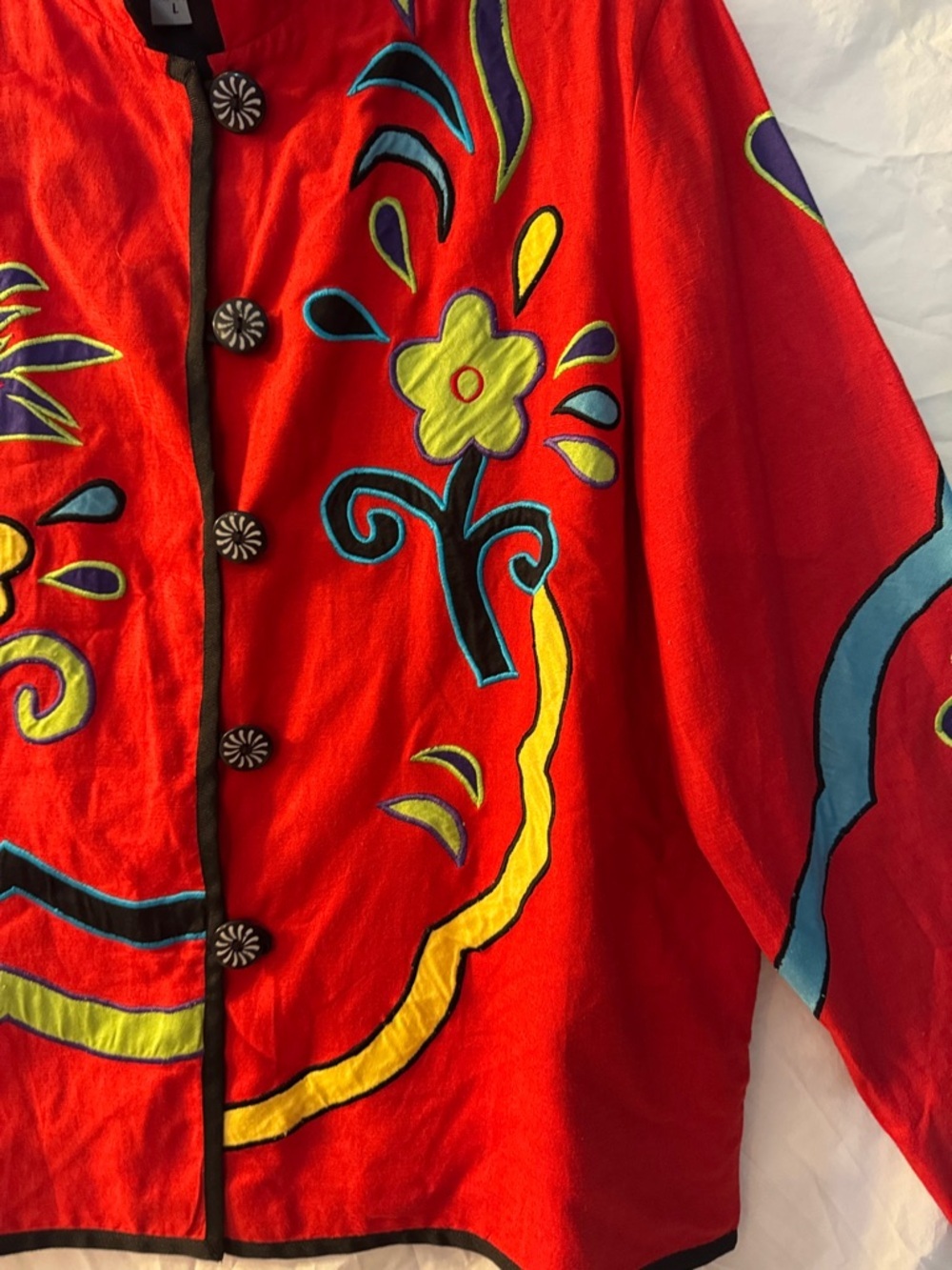 Vintage Art Teacher Eclectic Bright Red Floral Embroidered Cardigan Jacket - Picture 4 of 6